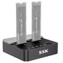 SSK Festplatten Docking Station Dual Bay NVMe M.2 SSD 20Gbps. Rechteckiges schwarzes Gehäuse. Überträgt NVMe-M.2-SSDs mit 20Gbps.