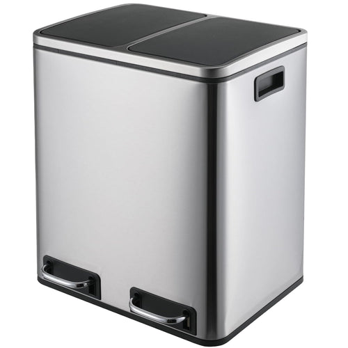 LIFERUN Mülleimer Treteimer 2x15L Metall - Doppelfach Softclose. Metallfarbener Tretmülleimer mit zwei Fächern und Dämpfungsautomatik zur Mülltrennung.