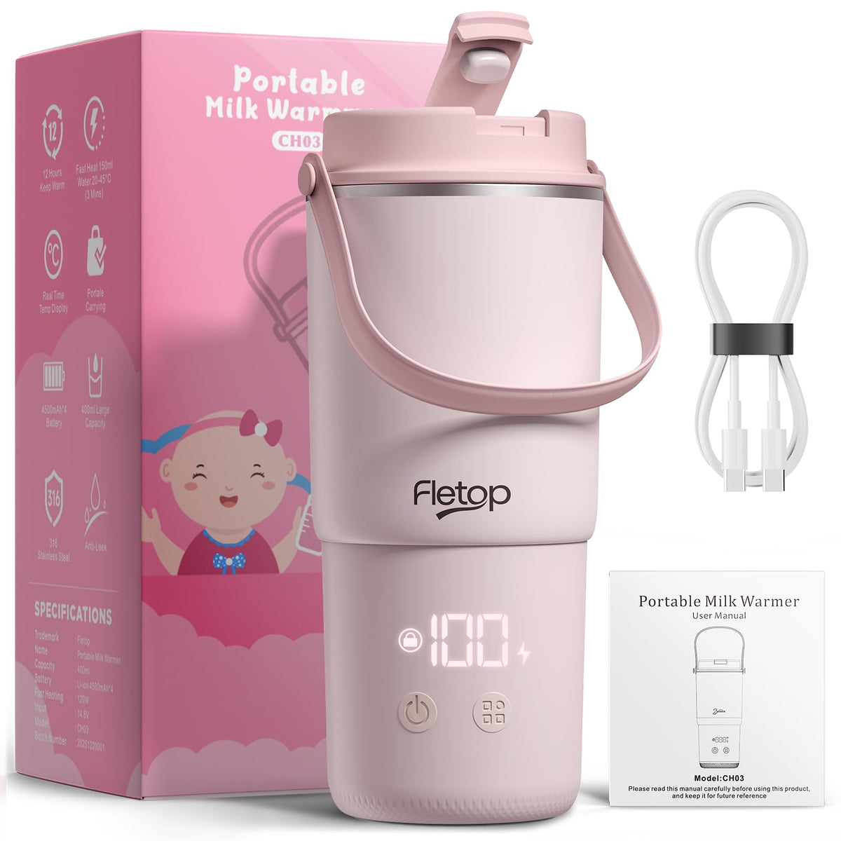 Fletop Flaschenwärmer Baby mit Akku für unterwegs, 120 W, Innenbehälter aus 316-Edelstahl