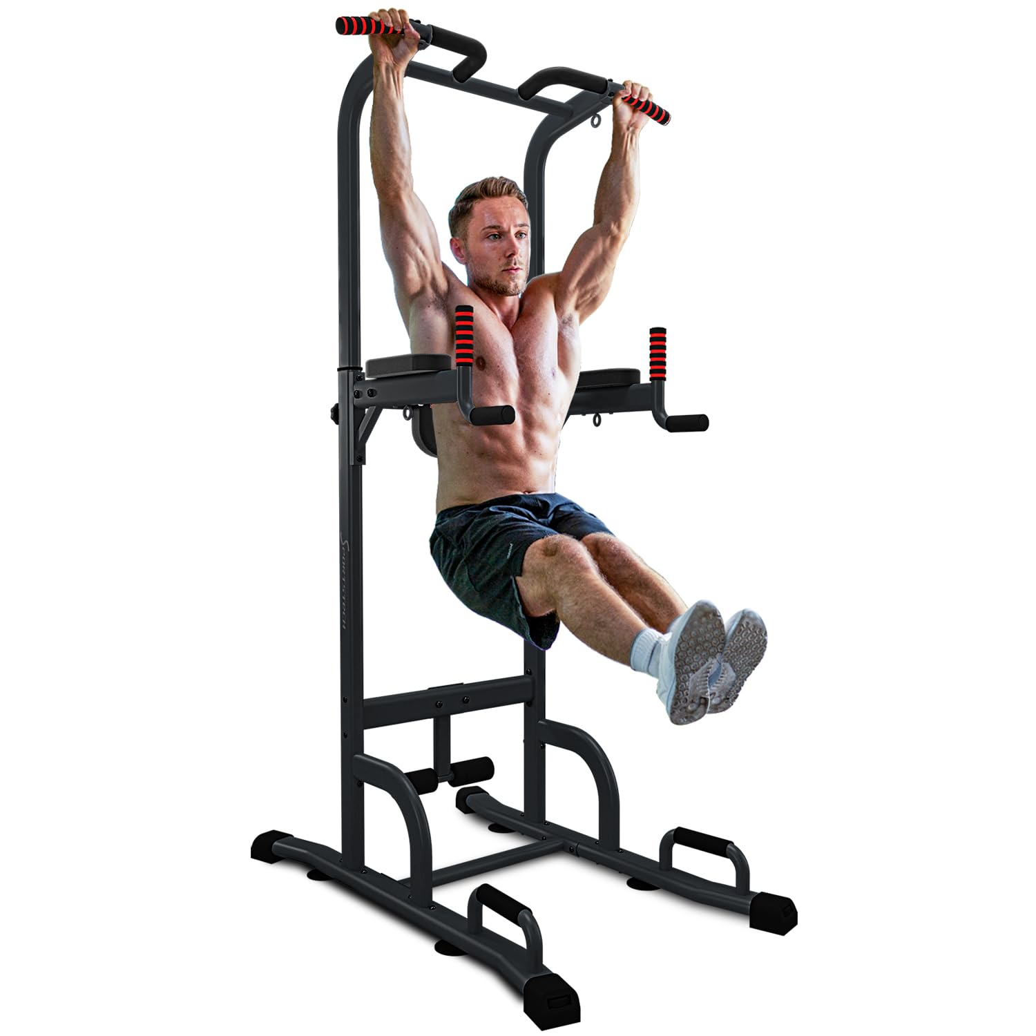 Sportstech 7in1 Power Tower PT300 Dip Station & Kraftturm – Schwarz. Schwarze Stahl-Trainingsstation für Dips, Klimmzüge & Bauchtraining.