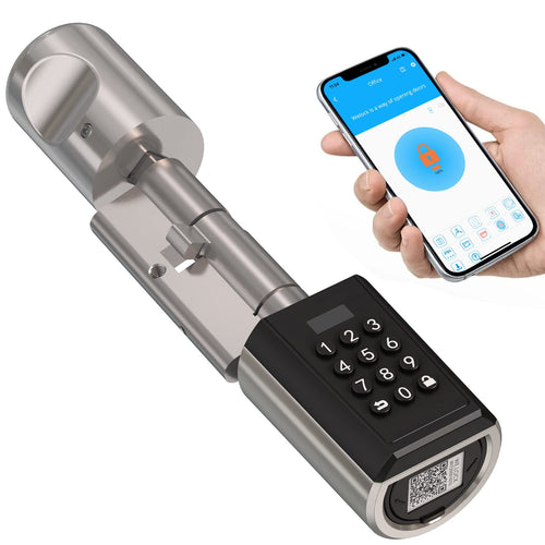 WELOCK Elektronisches Haustürschloss – Pin, App, Wasserdicht. Zylindrisches, silbernes Schloss mit Keypad für schlüssellosen Zugang per PIN/App.