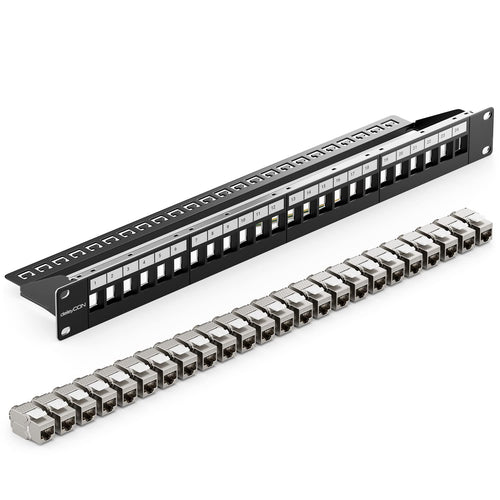 deleyCON 24 Port Keystone Patchpanel CAT6a - 19" Rack Schwarz. 24 Keystone-Slots für CAT6a Netzwerkverkabelung im Rack.