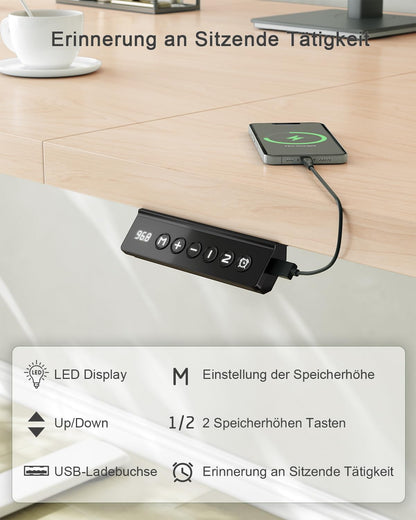 JUMMICO Höhenverstellbarer Schreibtisch Elektrisch – 160x70cm, USB, Beige