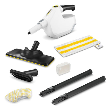 Kärcher SC 1 Kompakt-Handdampfreiniger – Multi & Up Set. Gelb-schwarzer, handlicher Dampfreiniger. Reinigt Oberflächen mit heißem Dampf.