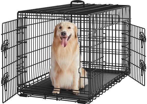 Yaheetech Hundekäfig klappbar XL mit Trennwand – Schwarz. Dieser schwarze, faltbare Metallkäfig dient als sicherer Ruhe- und Transportbereich für große Hunde.