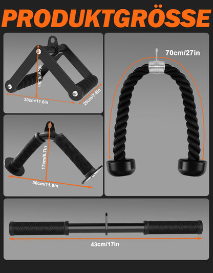 Fitarc Kabelmaschinen-Zubehör Set: V-Stange, Trizepsseil und Griffe