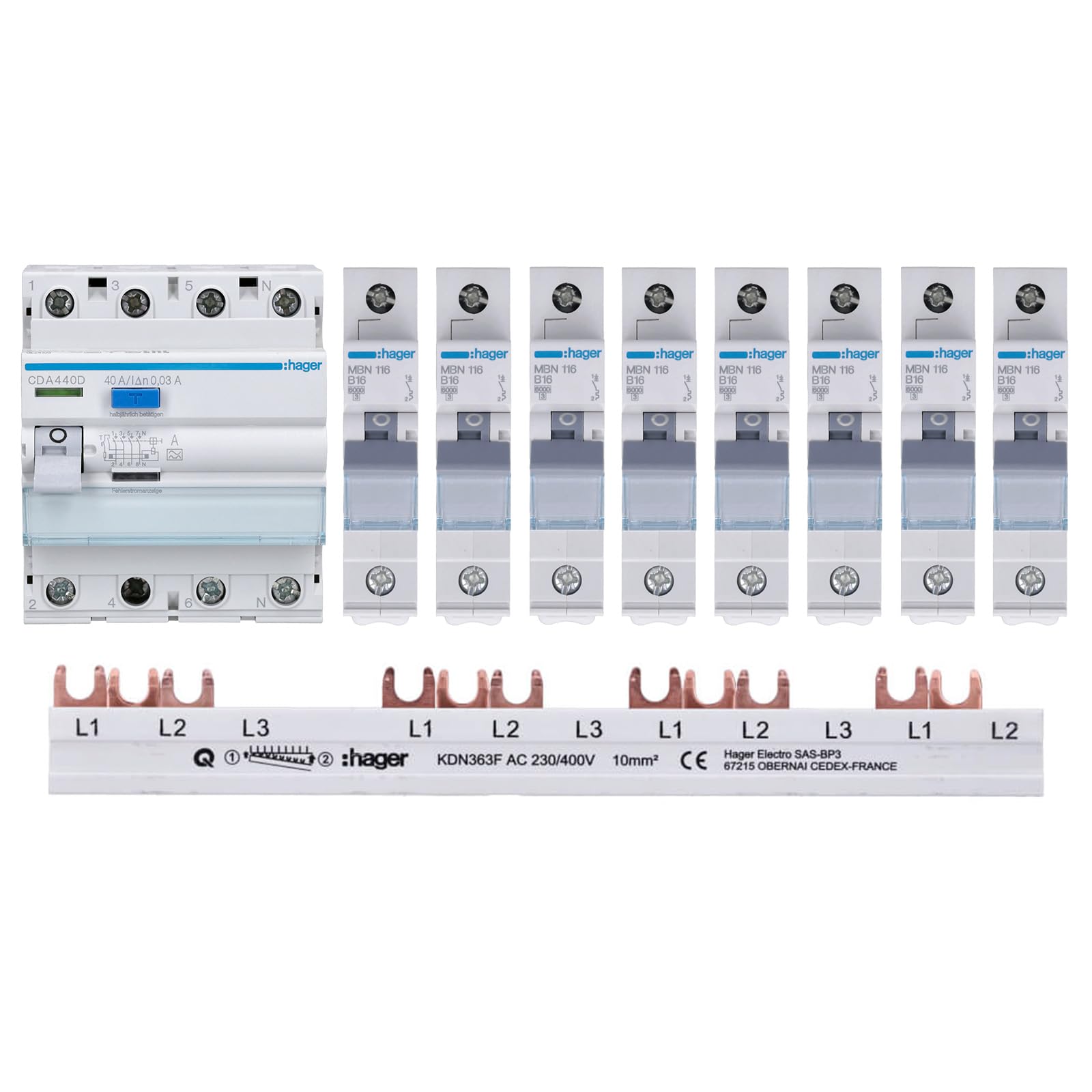 Hager FI/LS Sicherungsset - 1x FI 4P, 8x LS 1P, Sammelschiene. Weiße, modulare Geräte für Fehlerstrom- & Überlastschutz.