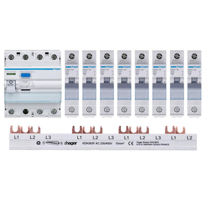 Hager FI/LS Sicherungsset - 1x FI 4P, 8x LS 1P, Sammelschiene. Weiße, modulare Geräte für Fehlerstrom- & Überlastschutz.