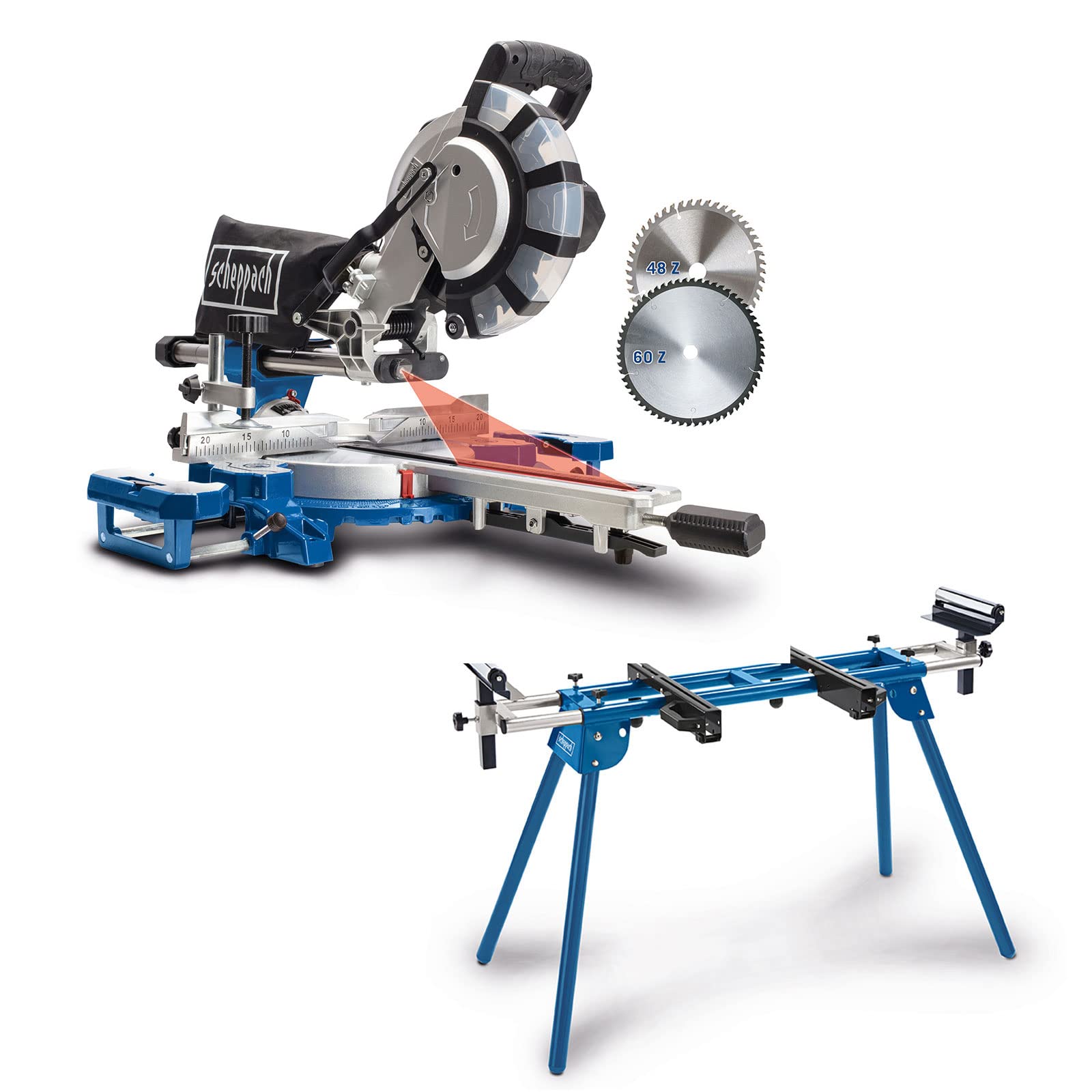 Scheppach HM254SPX Kappzugsäge, blau/schwarz, mit Untergestell. Für präzise Gehrungs- und Kappschnitte in Holz.