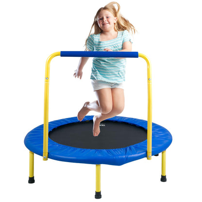 VEVOR Mini Fitness Trampolin Klappbar - Indoor/Outdoor, Blau. Rundes Trampolin mit blauem Sprungtuch zur Steigerung der Fitness durch Sprungübungen.
