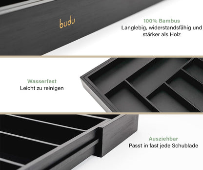 budu Besteckkasten #47 aus Bambus, Schwarz, ausziehbar, Tiefe 47 cm