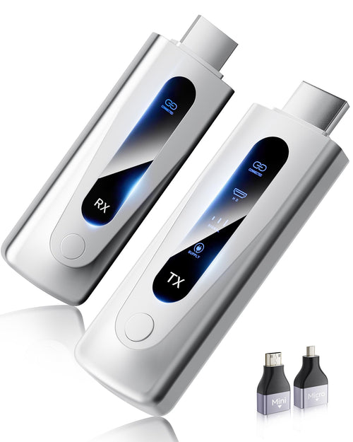 2025 HDMI Funk Sender Empfänger – 100M Dualband Set. Schwarzes, rechteckiges Set. Überträgt HDMI drahtlos 100m an Display.
