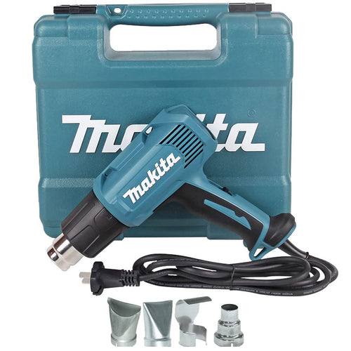 Makita HG5030K Heissluftgebläse Kit 1.600W, Medium: Blau-schwarz, pistolenförmig. Zur Lackentfernung und präzisen Erhitzung.