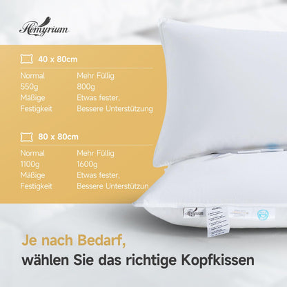 Homyrium Daunen-Federkissen 80x80 cm Dreikammer-Kopfkissen 1100 g