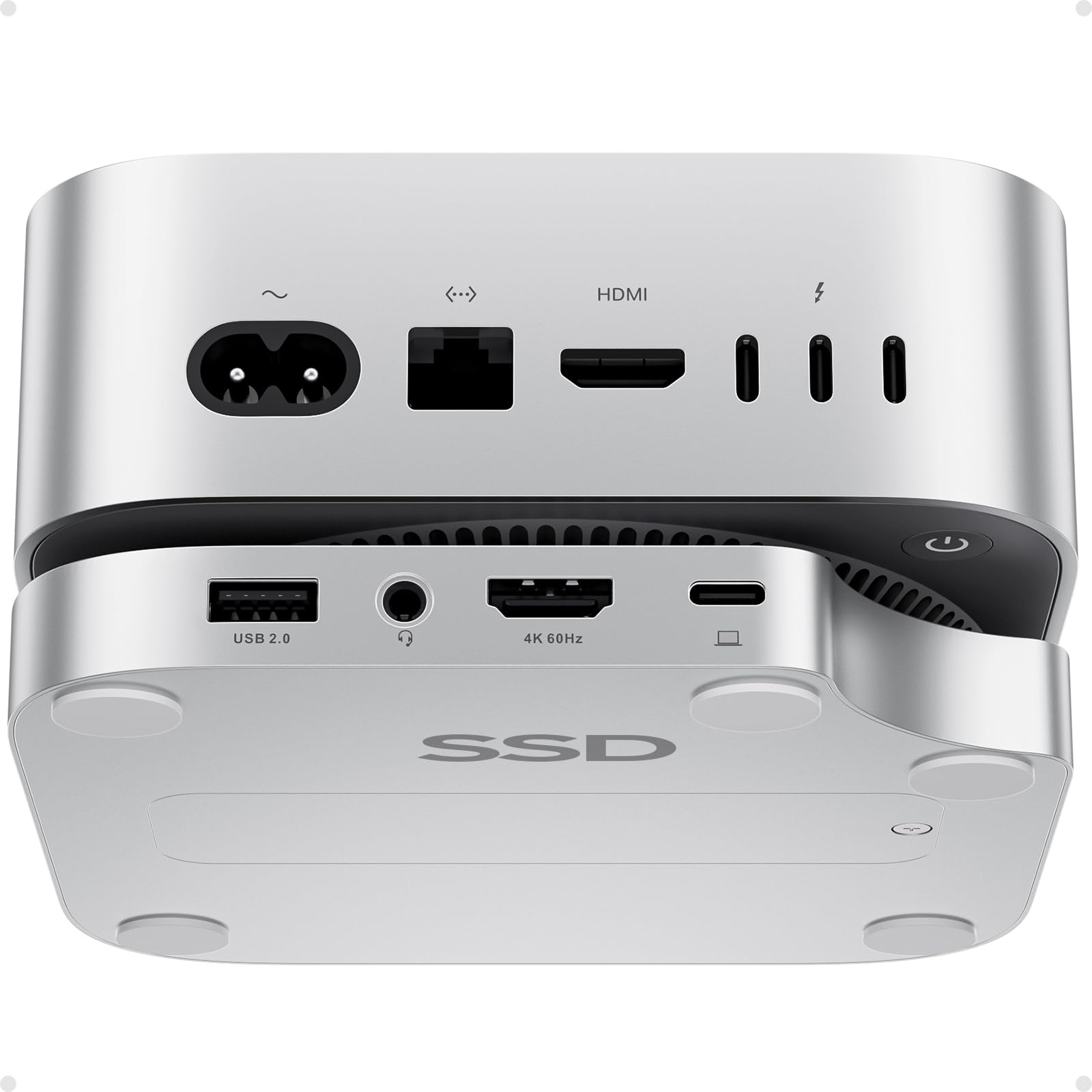 PULWTOP Mac mini M4 Pro Dock - 4TB SSD Gehäuse USB C Hub. Kompaktes, silbernes Rechteck. Erweitert Mac mini mit 4TB NVMe-Speicher und USB-C-Anschlüssen.