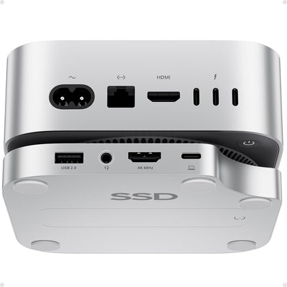 PULWTOP Mac mini M4 Pro Dock - 4TB SSD Gehäuse USB C Hub. Kompaktes, silbernes Rechteck. Erweitert Mac mini mit 4TB NVMe-Speicher und USB-C-Anschlüssen.