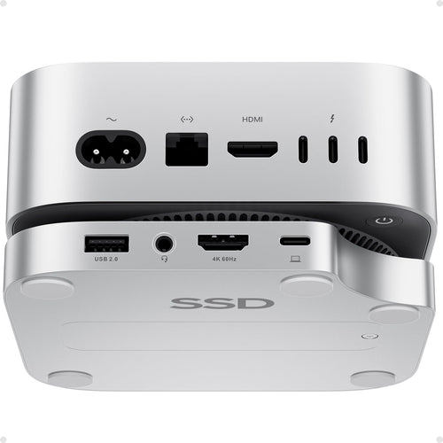 PULWTOP Mac mini M4 Pro Dock - 4TB SSD Gehäuse USB C Hub. Kompaktes, silbernes Rechteck. Erweitert Mac mini mit 4TB NVMe-Speicher und USB-C-Anschlüssen.