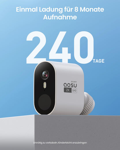 AOSU 2K Überwachungskamera Aussen, Akku, 2er-Set mit Aosubase