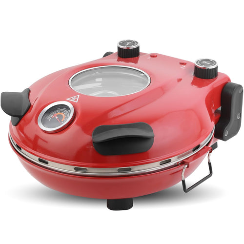 KLAIF Elektro Pizzaofen für Arbeitsplatte mit 31 cm Keramikstein - Rot. Roter Kompaktofen mit 31 cm Keramikstein zum Pizza backen.