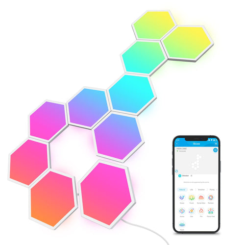 Govee LED Hexagon Panels Smart Gaming Wandleuchte - 10er Set: Zehn sechseckige LED-Module als smarte Wandleuchte für individuelle Gaming-Lichteffekte.