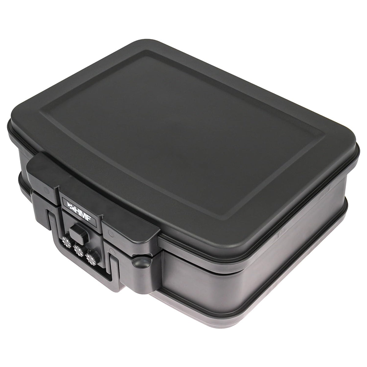 HMF 250437 Dokumentenbox Zahlenschloss feuerfest wasserdicht. Eine rechteckige schwarze Kassette zur sicheren Dokumentenaufbewahrung.