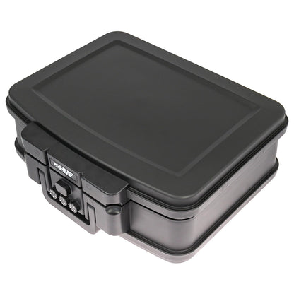 HMF 250437 Dokumentenbox Zahlenschloss feuerfest wasserdicht. Eine rechteckige schwarze Kassette zur sicheren Dokumentenaufbewahrung.