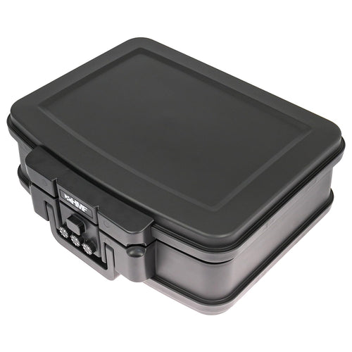 HMF 250437 Dokumentenbox Zahlenschloss feuerfest wasserdicht. Eine rechteckige schwarze Kassette zur sicheren Dokumentenaufbewahrung.