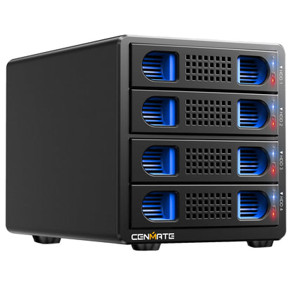 TechPro USB 3.0 Festplattengehäuse - 4-Schacht, 2.5/3.5" SATA. Rechteckiges, schwarzes Gehäuse. Dient als externe Speicherlösung für vier SATA-Festplatten.