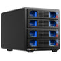 TechPro USB 3.0 Festplattengehäuse - 4-Schacht, 2.5/3.5" SATA. Rechteckiges, schwarzes Gehäuse. Dient als externe Speicherlösung für vier SATA-Festplatten.