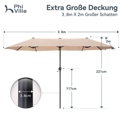 PHI VILLA Sonnenschirm rechteckig 200x380 cm mit Kurbel, beige