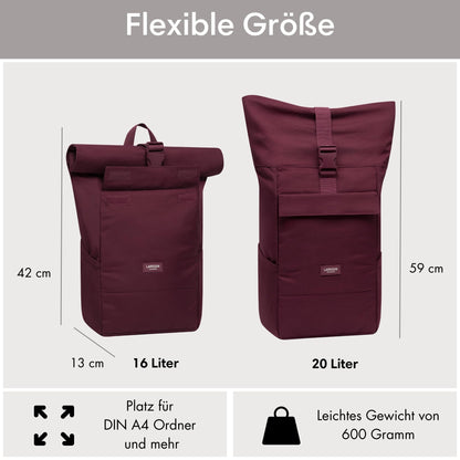 LARKSON No 4 Rolltop Rucksack Rot mit Laptopfach, 20 Liter