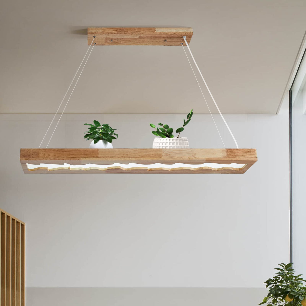 minifair LED Hängeleuchte Holz Dimmbar – 100cm Rustikal. Längliche Holz-LED-Leiste, dimmbar. Beleuchtet Esstische oder Wohnräume.