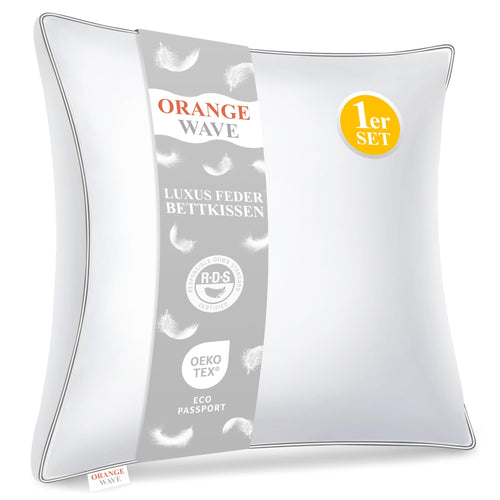 Orange Wave 3-Kammer Feder-Daunen-Kopfkissen 80x80 cm, weiß, quadratisch. Unterstützt Nacken und Kopf beim Schlafen.