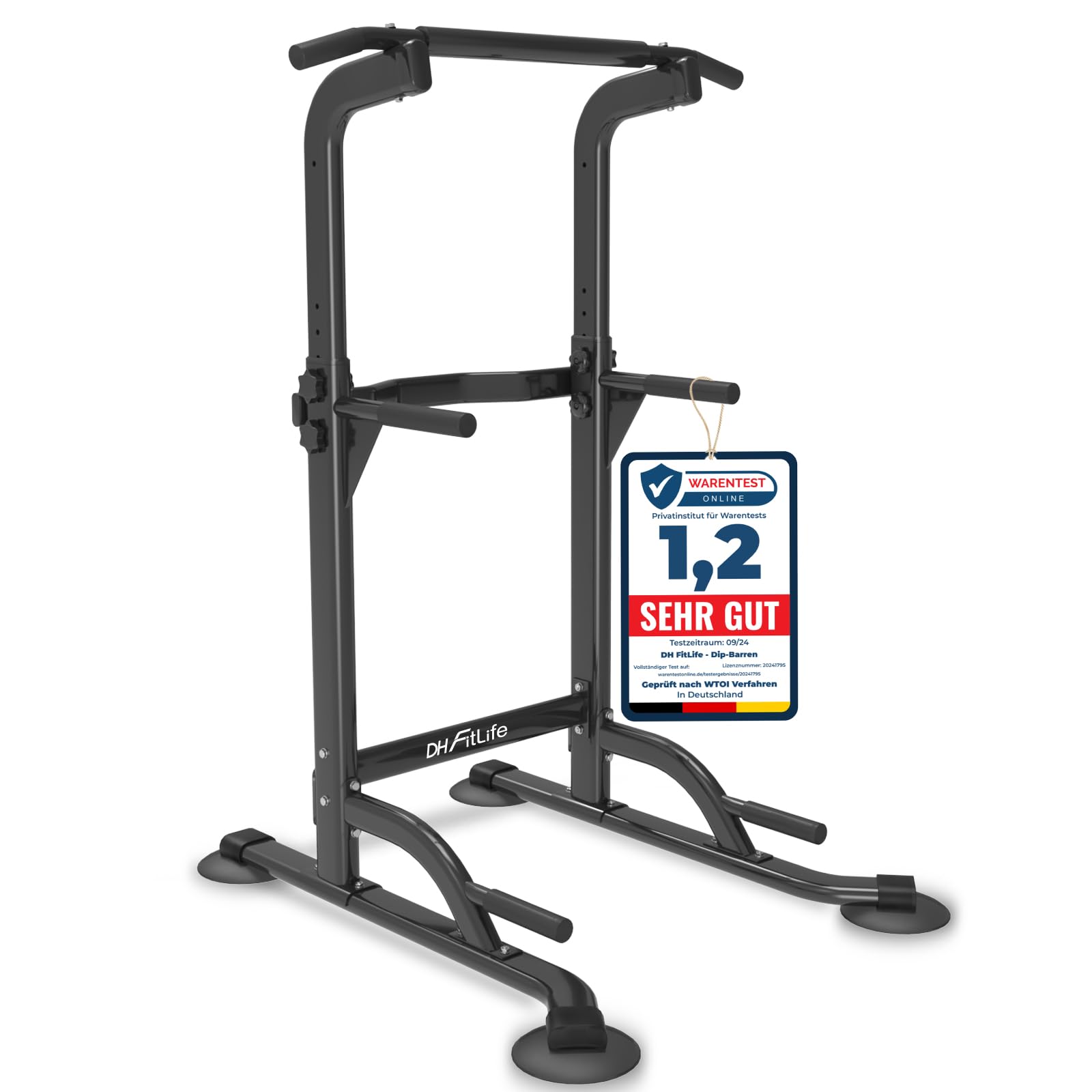 DH FitLife Power Tower Dip Station Klimmzugstange Freistehend. Schwarzer Turm für Klimmzüge und Dips zum Heim-Krafttraining.