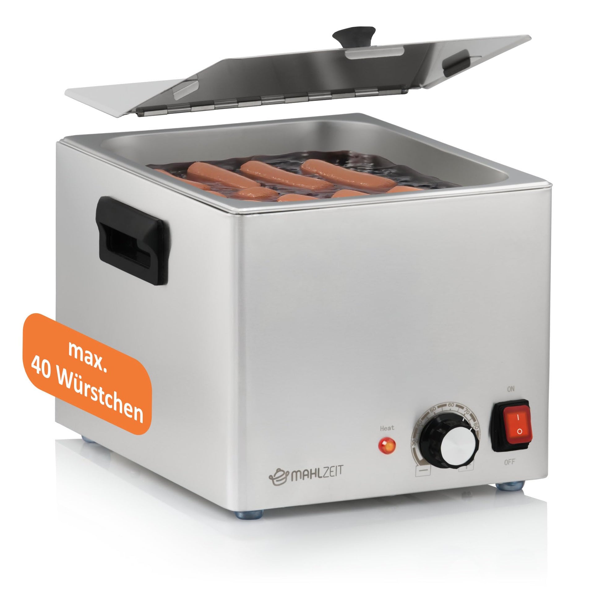 Mahlzeit Bockwurstwärmer elektrisch Edelstahl Gastro Gerät, rechteckig, silberfarben. Erwärmt und hält Würste in Gastro-Umgebung konstant warm.