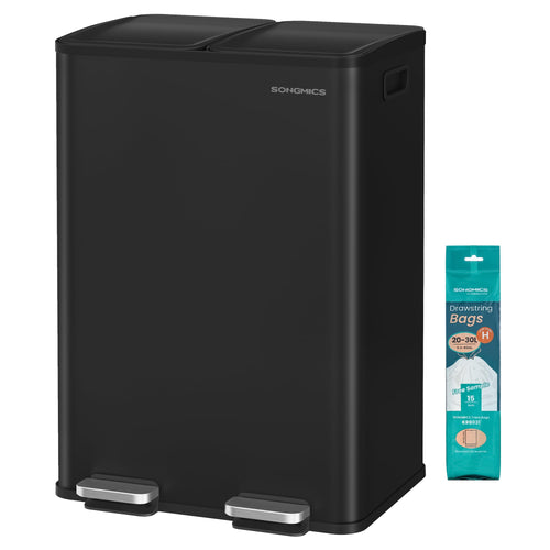 SONGMICS Tretmülleimer 2x30L, 2 Fächer, Softclose, Stahl – Tintenschwarz LTB741B02. Tintenschwarzer Stahleimer zur Mülltrennung.