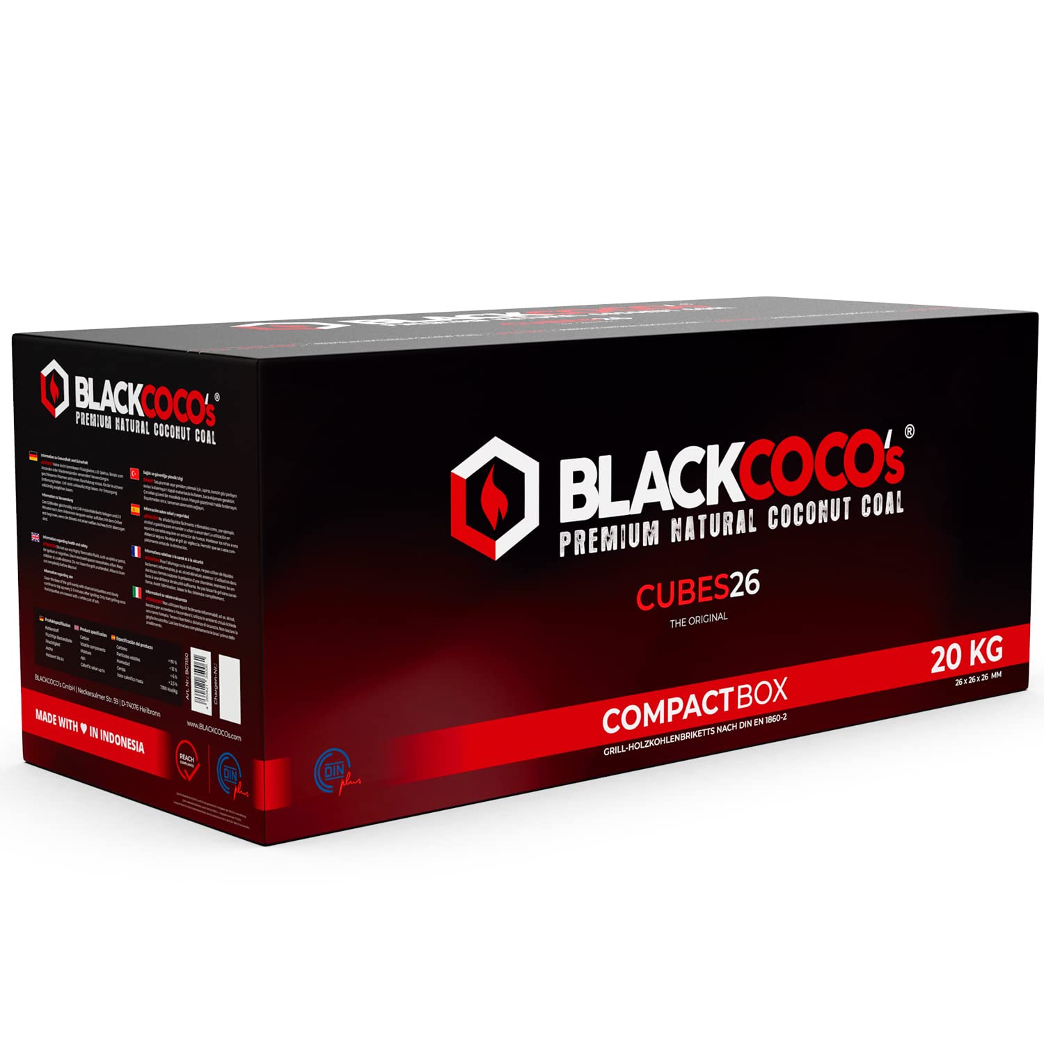 BLACKCOCO's Kokoskohle CUBES26 20 kg - Shisha & Grill. Dunkle Würfelkokoskohle als Brennstoff für Wasserpfeifen und Grills.