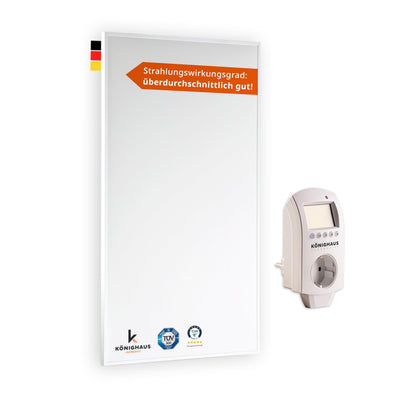 Könighaus Infrarotheizung Eco Modell Wandheizung - 1000 Watt. Weiße, rechteckige, flache Platte. Erzeugt Infrarotwärme für die Wandmontage.