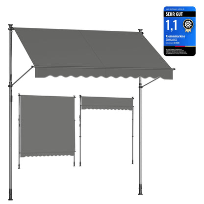 SONGMICS Klemmmarkise höhenverstellbar 250 x 120 cm anthrazit – Markisentuch mit Handkurbel als Balkon-Sonnenschutz