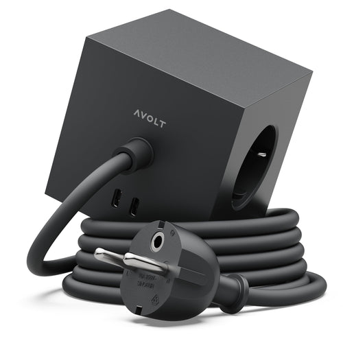 Avolt Square 1 Steckdosenwürfel USB-C - Stockholm Black 1.8m. Schwarzer Steckdosenwürfel zur Netzstromversorgung und als Ladestation für Geräte.