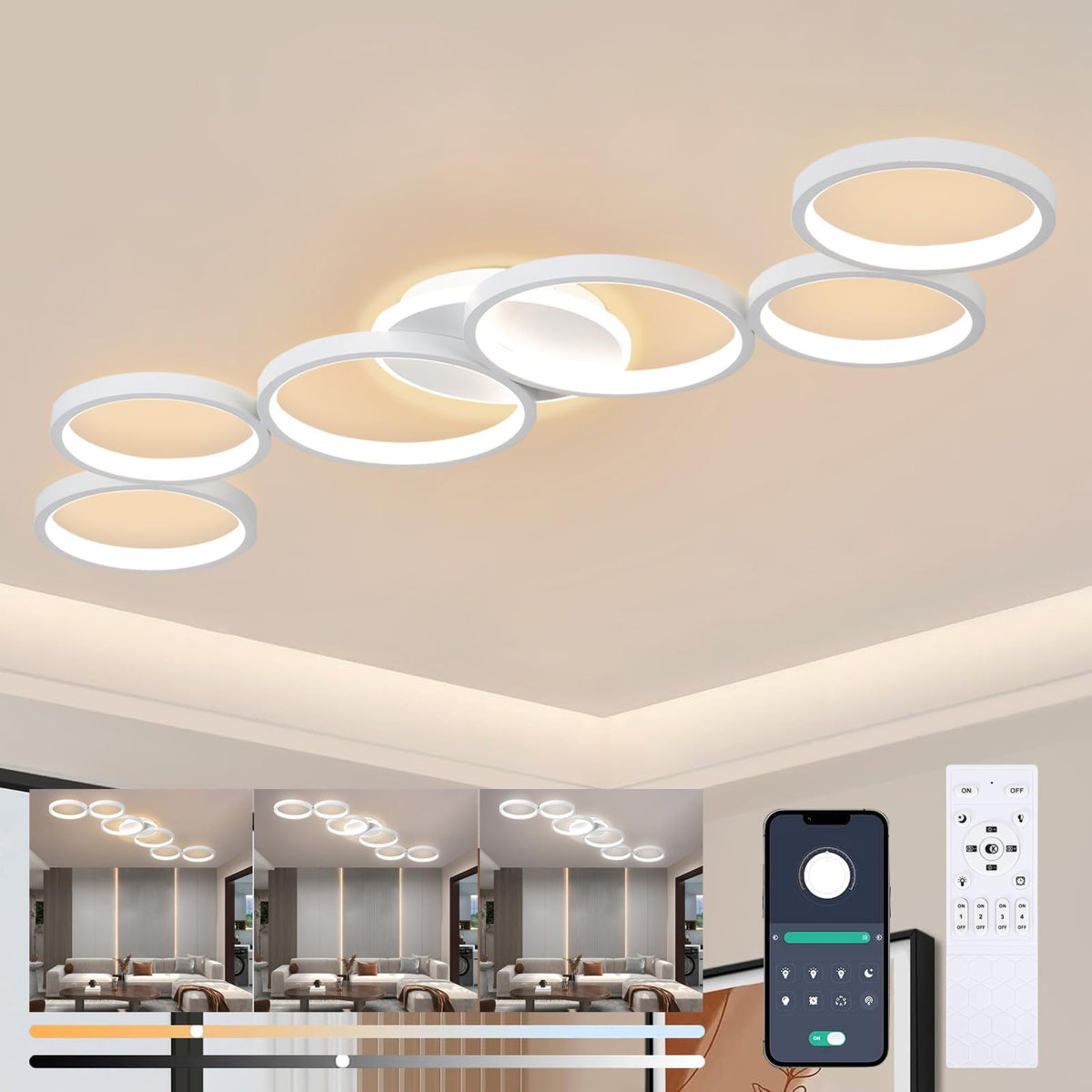 Liyabber LED Deckenleuchte dimmbar 6-Ring weiss mit Fernbedienung, Aluminiumgehäuse, runde Ringform