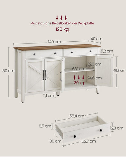 VASAGLE BBK381W02 Küchenschrank Landhausstil vintageweiss-honigbraun