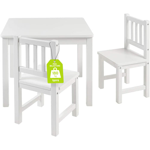 Bomi Kindersitzgruppe Amy Holz – Kindertisch Set 2 Stühle Weiss. Rechteckige weisse Holzgruppe für Spiel und Kreativität.