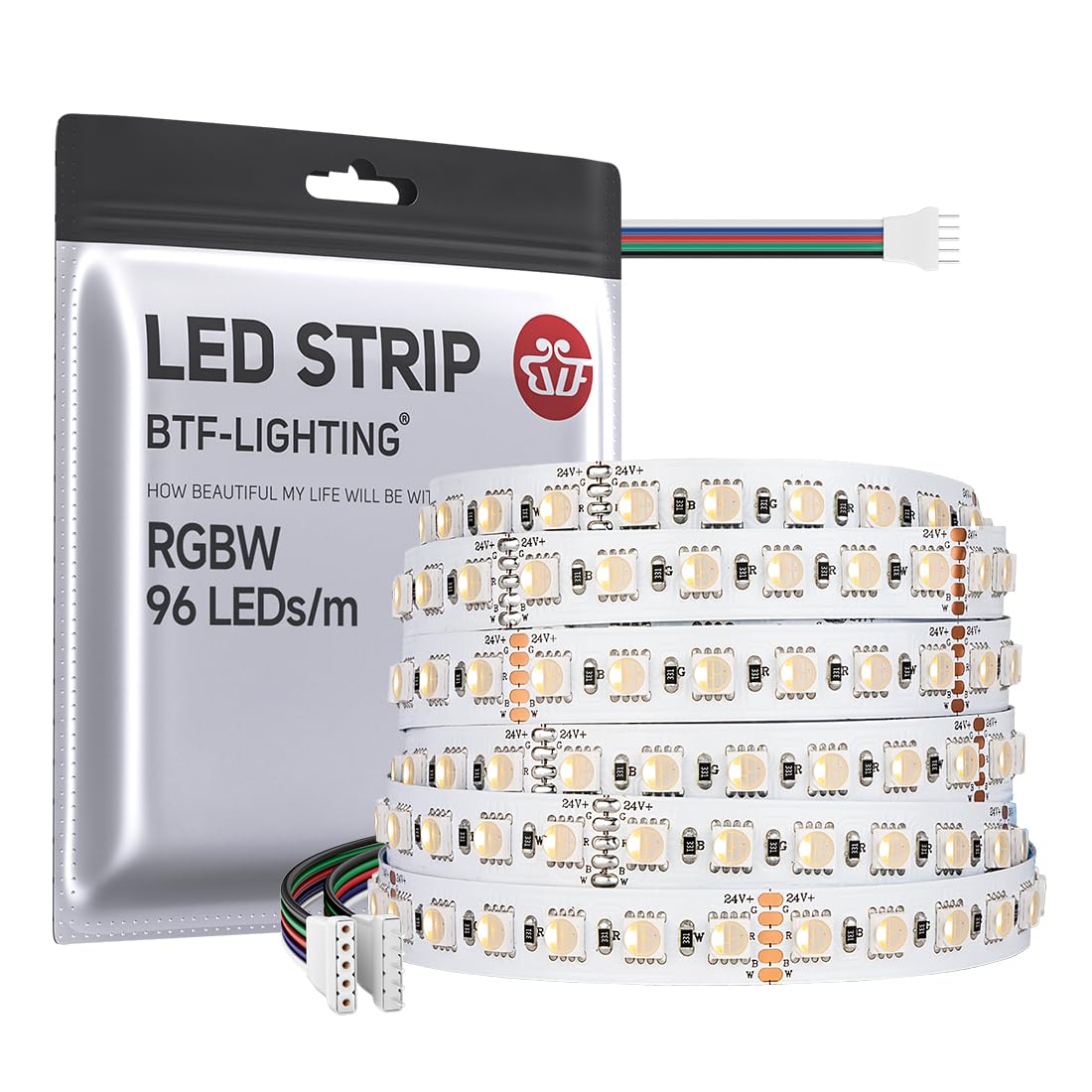 BTF-LIGHTING LED Streifen RGBWW 5050 4in1 RGB+Warmweiss 24 V 5 m IP30, weisse flexible Platine