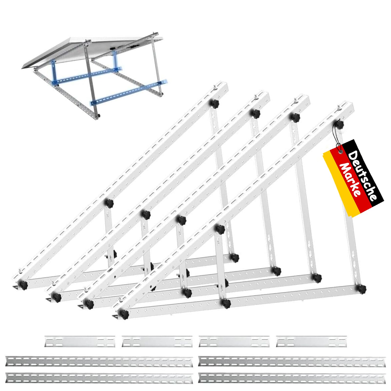 Verstärkte Balkon-Kraftwerk Halterung Alu 118CM 0-90° – 2 Paar. Silberfarbene Aluschienen zur winkelverstellbaren Montage von Solarmodulen am Balkongeländer.