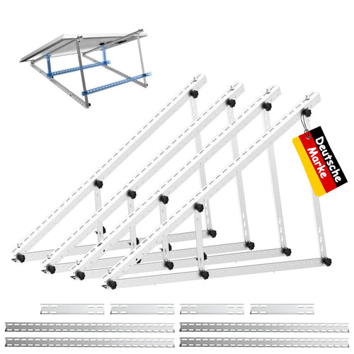 Verstärkte Balkon-Kraftwerk Halterung Alu 118CM 0-90° – 2 Paar. Silberfarbene Aluschienen zur winkelverstellbaren Montage von Solarmodulen am Balkongeländer.