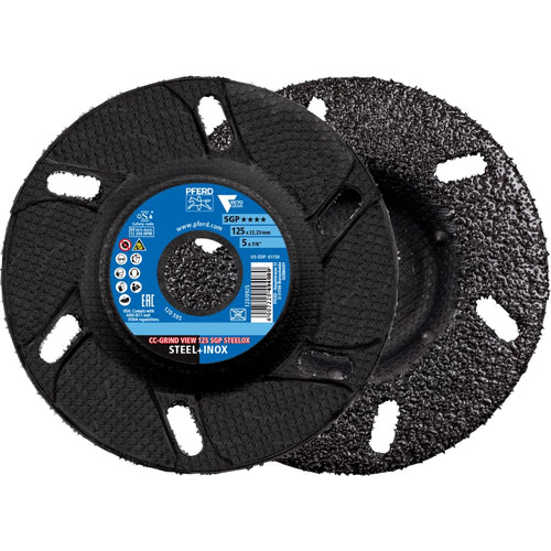 PFERD CC-GRIND VIEW Schleifscheiben SGP STEELOX 125mm (10er Pack). Transparente, runde Scheiben für Stahl- und Edelstahlbearbeitung.