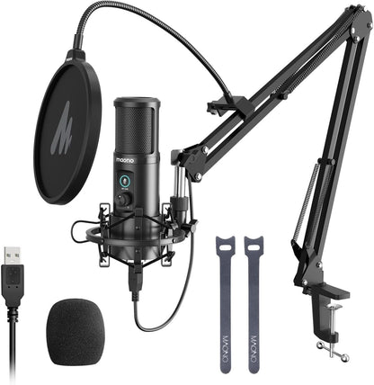 MAONO PM421 USB Mikrofon mit Arm – Streaming Gaming Podcast. Schwarzes Kondensatormikrofon auf Gelenkarm für digitale Sprachübertragung via USB.