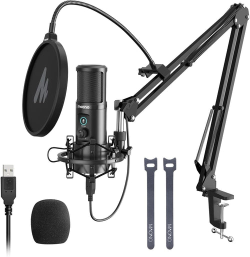 MAONO PM421 USB Mikrofon mit Arm – Streaming Gaming Podcast. Schwarzes Kondensatormikrofon auf Gelenkarm für digitale Sprachübertragung via USB.