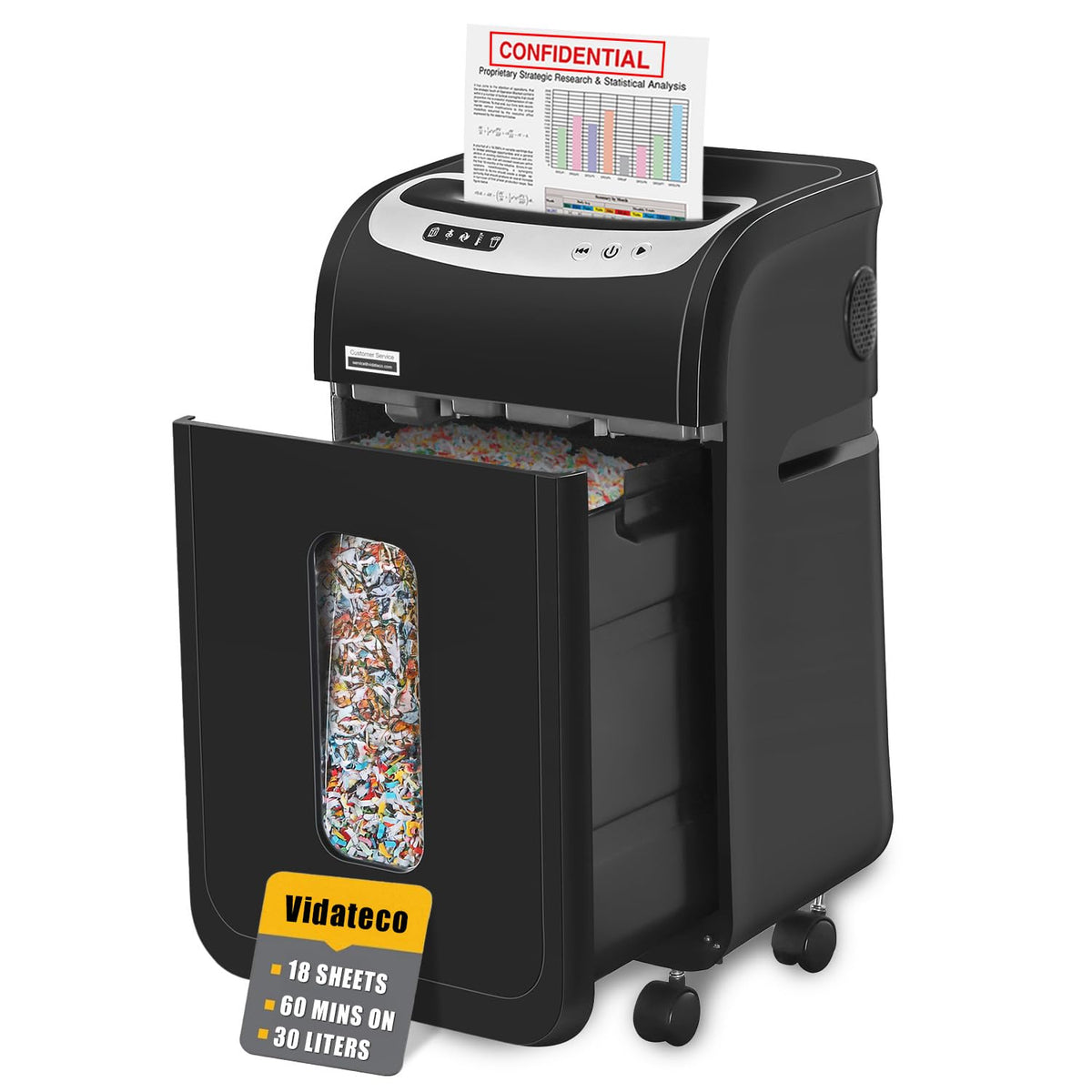VidaTeco Mikro-Cut 18 Blatt P4 Aktenvernichter - Schwarz. Rechteckiger Aktenvernichter schreddert Dokumente mit P4 Mikro-Cut.